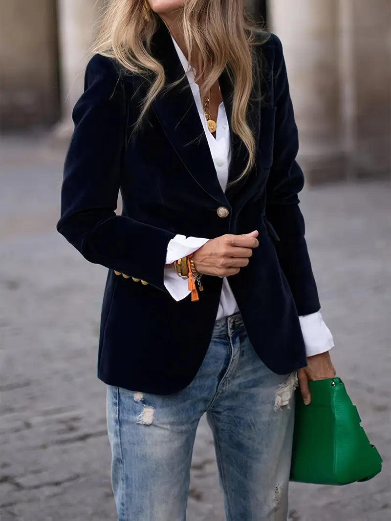 Blazer de Terciopelo Elegante para Mujeres con Solapa, Manga Larga, Botón Único y Estilo Formal