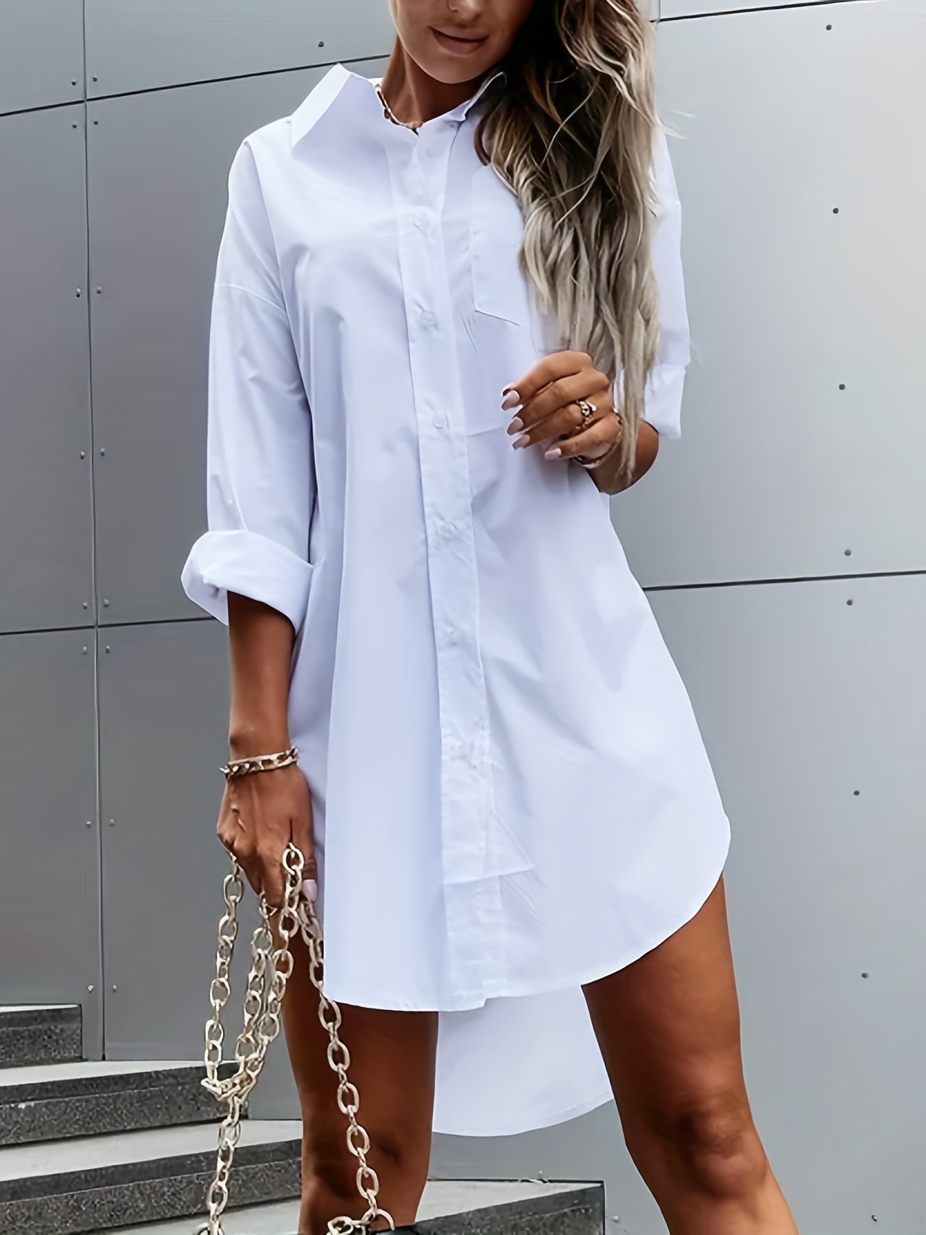 Vestido Camisa Oversized Sin Esfuerzo para Mujeres con Cuello, Manga Larga y Dobladillo Asimétrico Estilo Casual