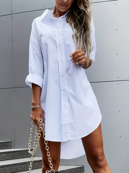 Vestido Camisa Oversized Sin Esfuerzo para Mujeres con Cuello, Manga Larga y Dobladillo Asimétrico Estilo Casual