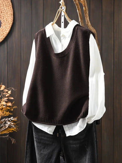Chaleco de Suéter Cómodo para Mujeres con Cuello Redondo, Sin Mangas, Botones en la Parte Posterior, Estilo Relajado y Oversized