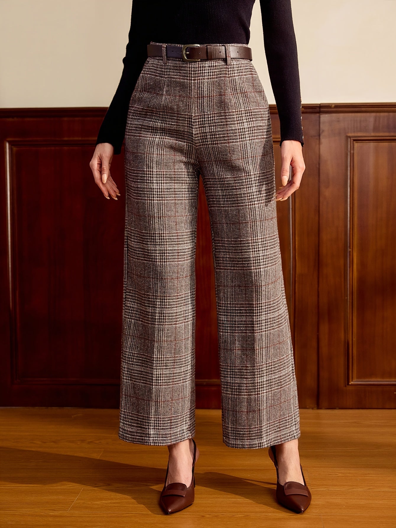 Pantalones de Pierna Ancha de Cuadrícula Elegante para Mujeres con Cintura Alta y Cinturón, Estilo Relajado y Ajustado