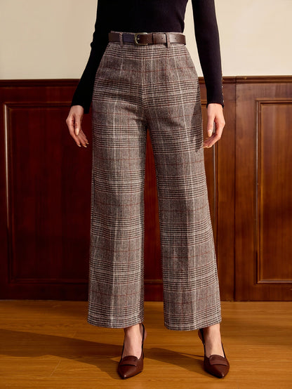 Pantalones de Pierna Ancha de Cuadrícula Elegante para Mujeres con Cintura Alta y Cinturón, Estilo Relajado y Ajustado
