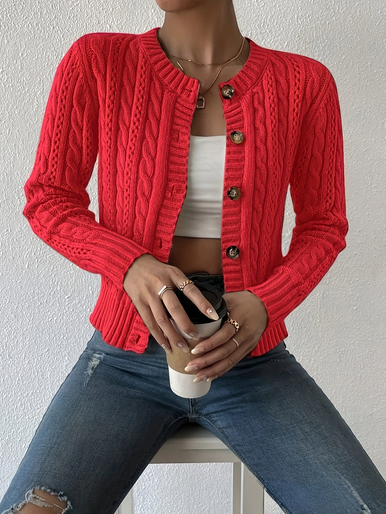 Suéter Cardigan de Punto de Cable Cómodo para Mujeres con Cuello Redondo, Manga Larga, Botones Frontal y Estilo Corto Casual