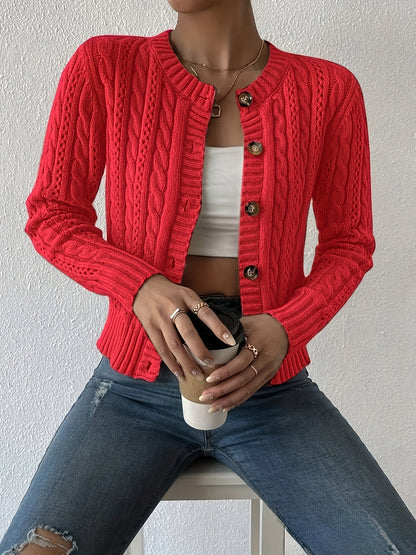 Suéter Cardigan de Punto de Cable Cómodo para Mujeres con Cuello Redondo, Manga Larga, Botones Frontal y Estilo Corto Casual