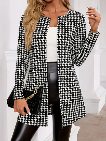 Cárdigan Elegante de Houndstooth para Mujeres con Frente Abierto y Mangas Largas Estilo Longline