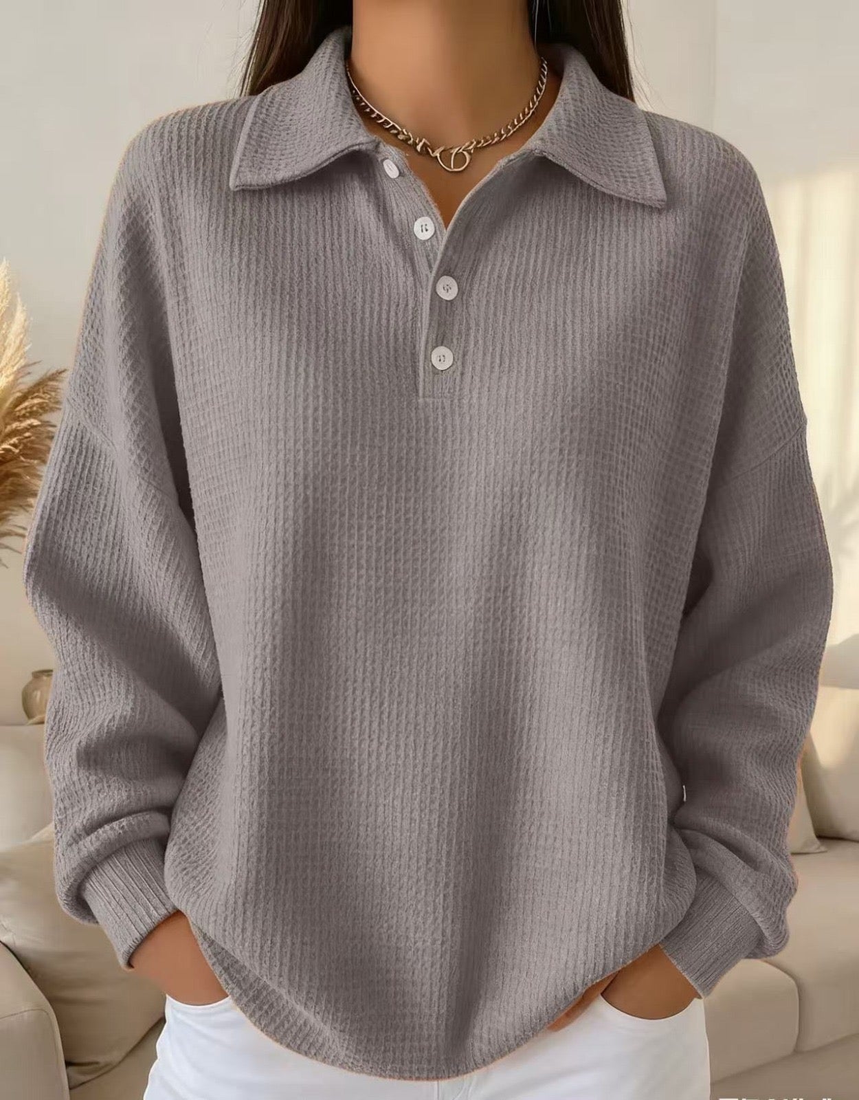 Suéter de Polo de Tejido Waffle sin Esfuerzo para Mujeres con Cuello, Manga Larga, Botonera y Estilo Oversized