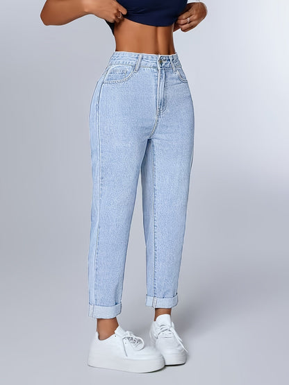 Jeans Mom Relajados en Azul Claro para Mujeres con Cintura Alta y Dobladillo Ajustado