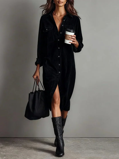 Vestido Camisa de Pana Elegante para Mujeres con Cuello y Manga Larga, Botones Frontales y Abertura Lateral, Estilo Casual