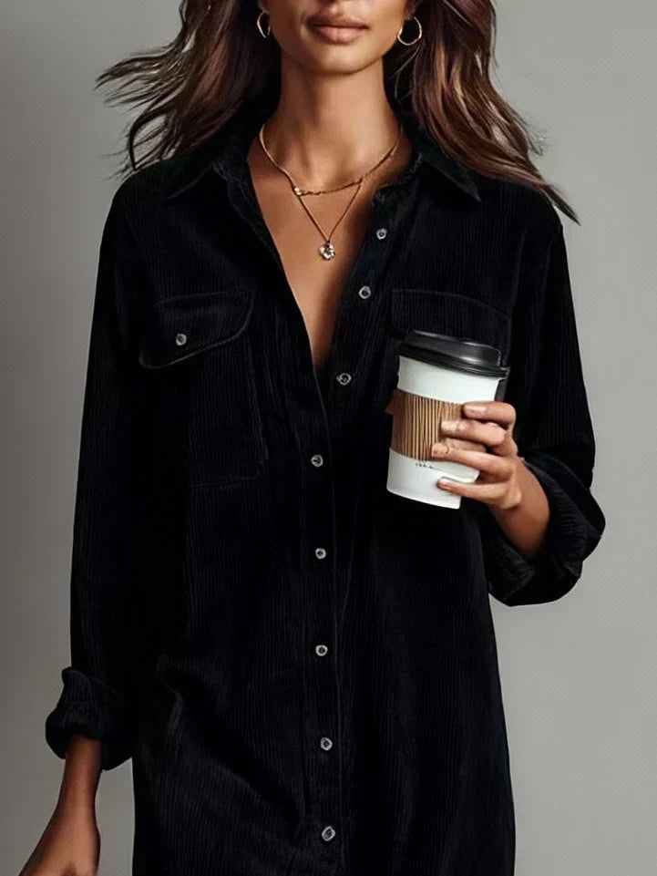 Vestido Camisa de Pana Elegante para Mujeres con Cuello y Manga Larga, Botones Frontales y Abertura Lateral, Estilo Casual