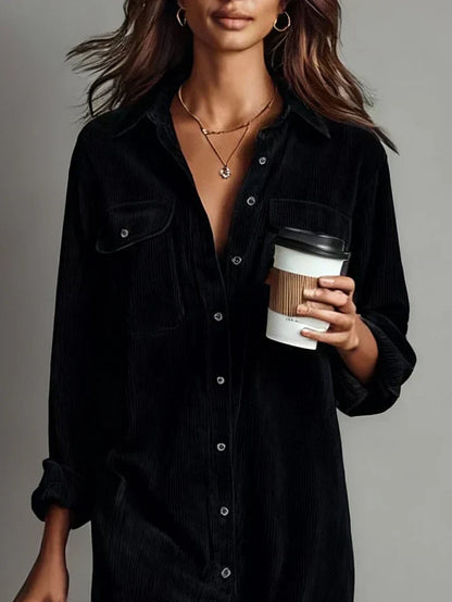 Vestido Camisa de Pana Elegante para Mujeres con Cuello y Manga Larga, Botones Frontales y Abertura Lateral, Estilo Casual