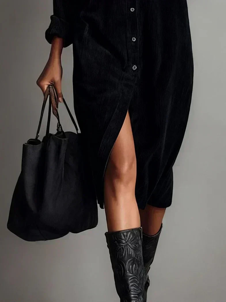 Vestido Camisa de Pana Elegante para Mujeres con Cuello y Manga Larga, Botones Frontales y Abertura Lateral, Estilo Casual