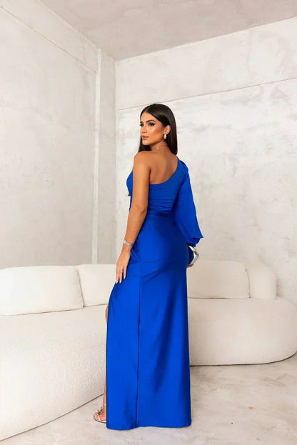 Elegante Vestido Maxi de Satén para Mujeres con Un Hombro, Manga Larga, Frontal Torcido y Alta Abertura Estilo Cóctel