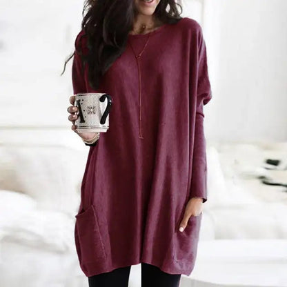 Túnica de Punto Cómoda para Mujeres con Cuello Redondo, Manga Larga, Estilo Oversized y Bolsillo Relajado