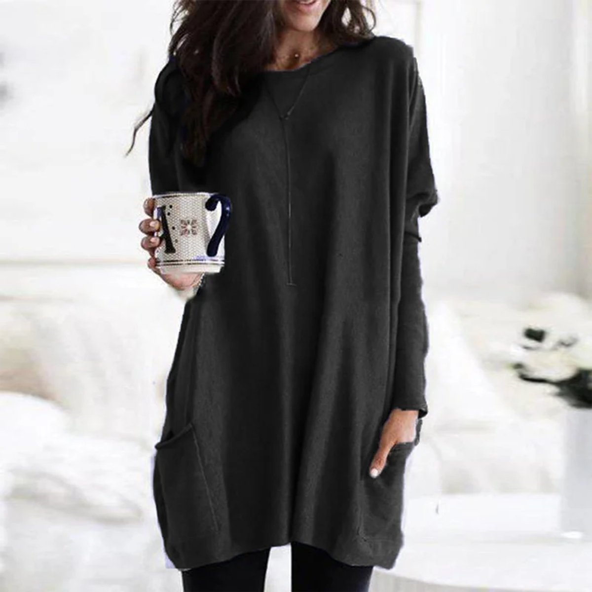 Túnica de Punto Cómoda para Mujeres con Cuello Redondo, Manga Larga, Estilo Oversized y Bolsillo Relajado
