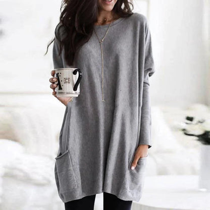 Túnica de Punto Cómoda para Mujeres con Cuello Redondo, Manga Larga, Estilo Oversized y Bolsillo Relajado