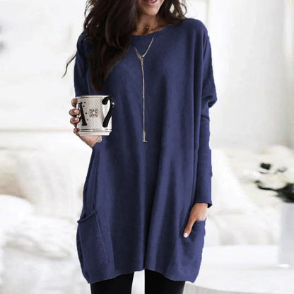 Túnica de Punto Cómoda para Mujeres con Cuello Redondo, Manga Larga, Estilo Oversized y Bolsillo Relajado