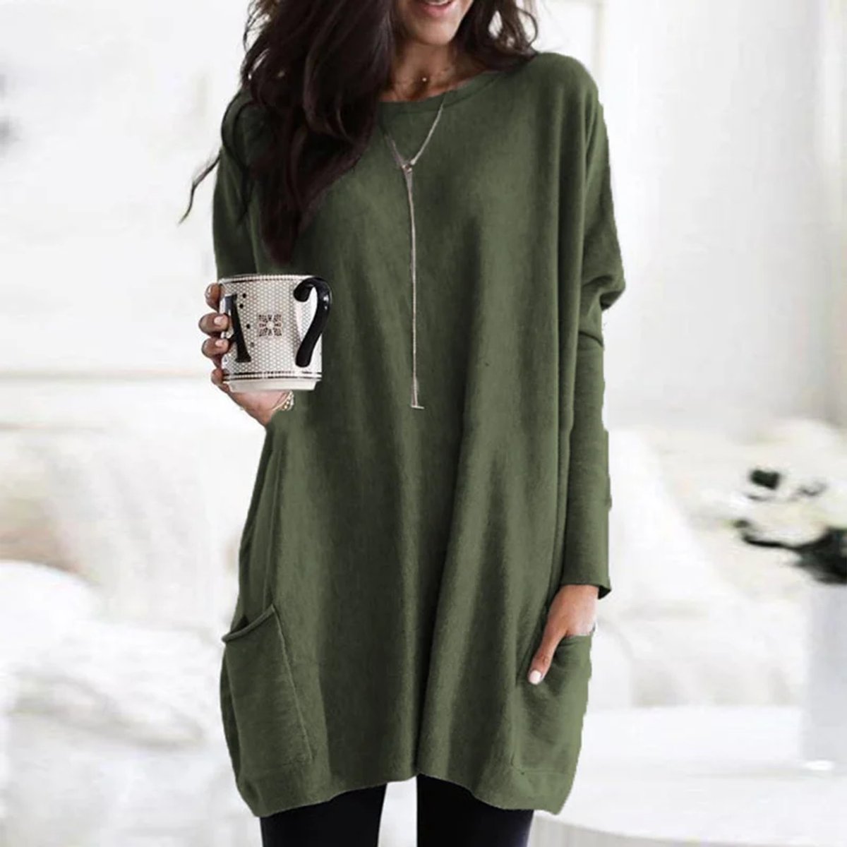 Túnica de Punto Cómoda para Mujeres con Cuello Redondo, Manga Larga, Estilo Oversized y Bolsillo Relajado