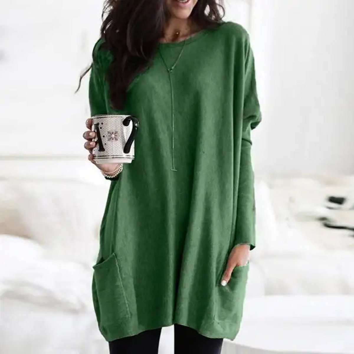Túnica de Punto Cómoda para Mujeres con Cuello Redondo, Manga Larga, Estilo Oversized y Bolsillo Relajado