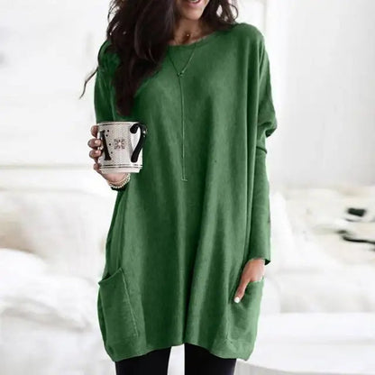 Túnica de Punto Cómoda para Mujeres con Cuello Redondo, Manga Larga, Estilo Oversized y Bolsillo Relajado