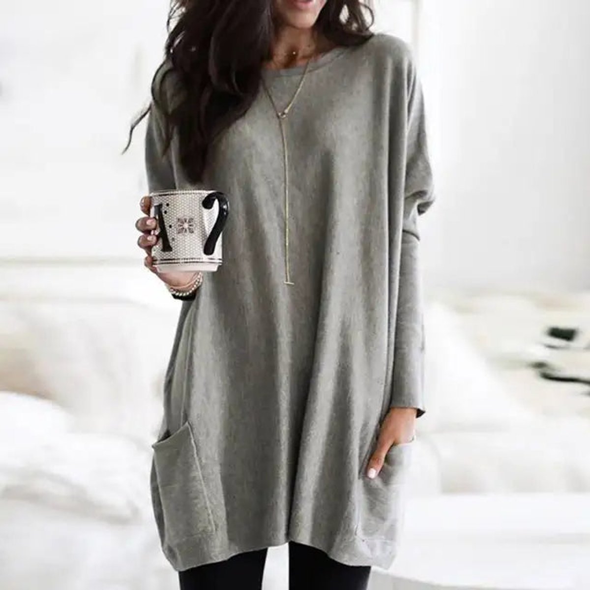 Túnica de Punto Cómoda para Mujeres con Cuello Redondo, Manga Larga, Estilo Oversized y Bolsillo Relajado