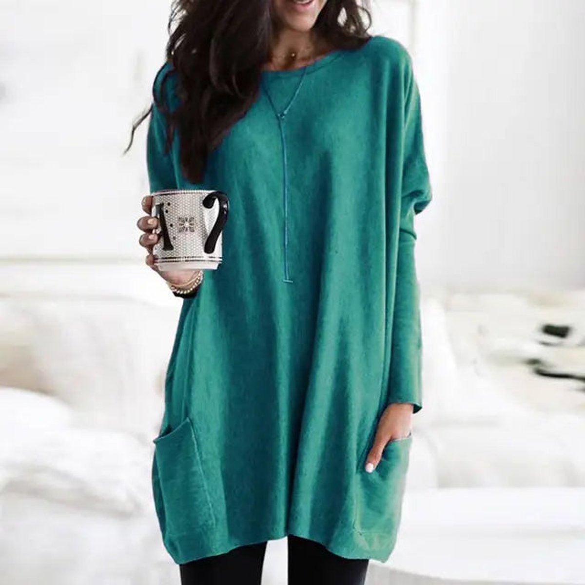 Túnica de Punto Cómoda para Mujeres con Cuello Redondo, Manga Larga, Estilo Oversized y Bolsillo Relajado