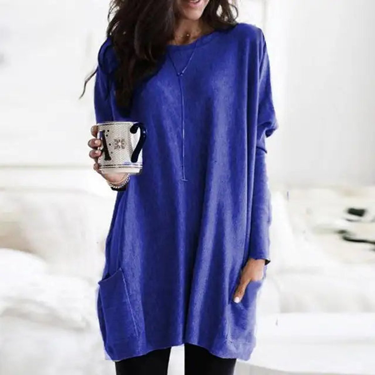 Túnica de Punto Cómoda para Mujeres con Cuello Redondo, Manga Larga, Estilo Oversized y Bolsillo Relajado