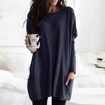 Túnica de Punto Cómoda para Mujeres con Cuello Redondo, Manga Larga, Estilo Oversized y Bolsillo Relajado