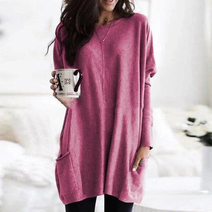 Túnica de Punto Cómoda para Mujeres con Cuello Redondo, Manga Larga, Estilo Oversized y Bolsillo Relajado