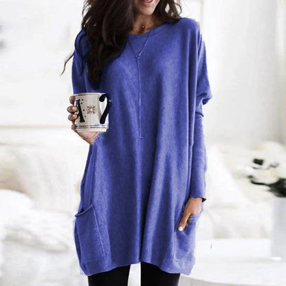 Túnica de Punto Cómoda para Mujeres con Cuello Redondo, Manga Larga, Estilo Oversized y Bolsillo Relajado
