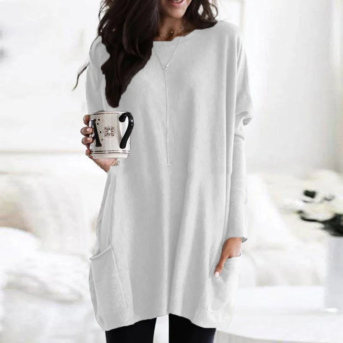 Túnica de Punto Cómoda para Mujeres con Cuello Redondo, Manga Larga, Estilo Oversized y Bolsillo Relajado