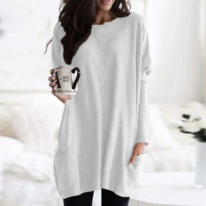 Túnica de Punto Cómoda para Mujeres con Cuello Redondo, Manga Larga, Estilo Oversized y Bolsillo Relajado