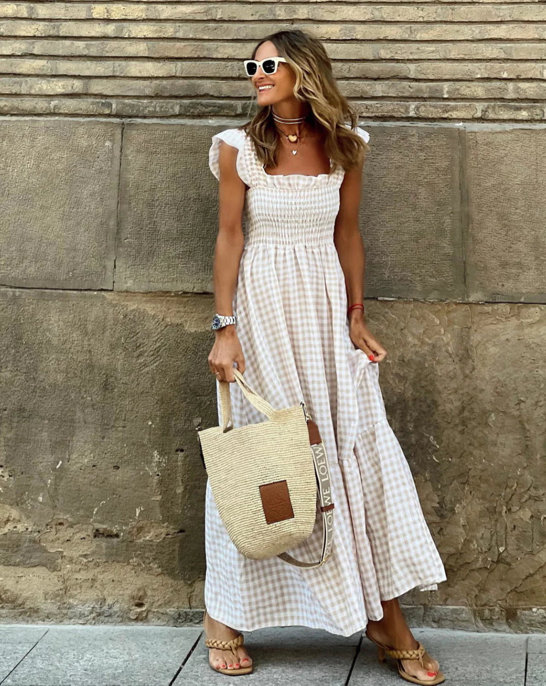 Vestido Maxi de Gingham para Mujeres con Cuello Cuadrado, Mangas con Volantes y Estilo Bohemio
