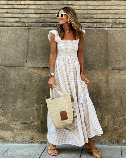 Vestido Maxi de Gingham para Mujeres con Cuello Cuadrado, Mangas con Volantes y Estilo Bohemio