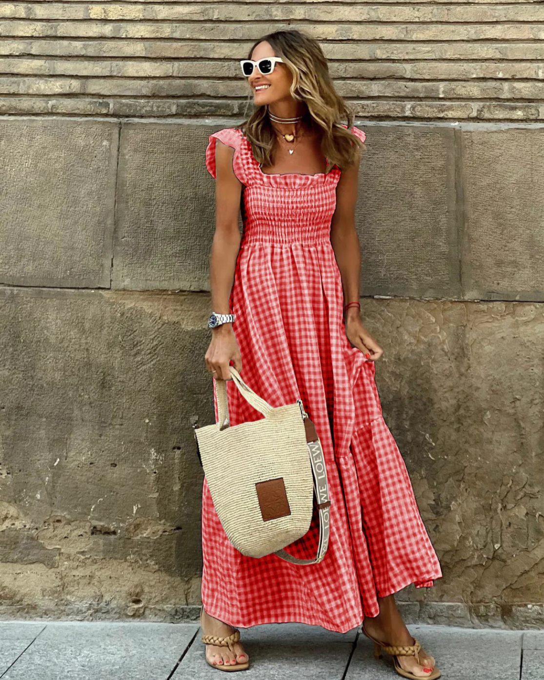Vestido Maxi de Gingham para Mujeres con Cuello Cuadrado, Mangas con Volantes y Estilo Bohemio