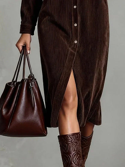 Vestido Camisa de Pana Elegante para Mujeres con Cuello y Manga Larga, Botones Frontales y Abertura Lateral, Estilo Casual