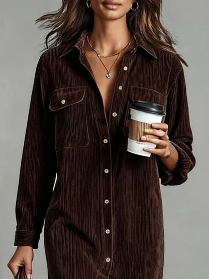 Vestido Camisa de Pana Elegante para Mujeres con Cuello y Manga Larga, Botones Frontales y Abertura Lateral, Estilo Casual