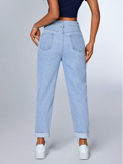 Jeans Mom Relajados en Azul Claro para Mujeres con Cintura Alta y Dobladillo Ajustado