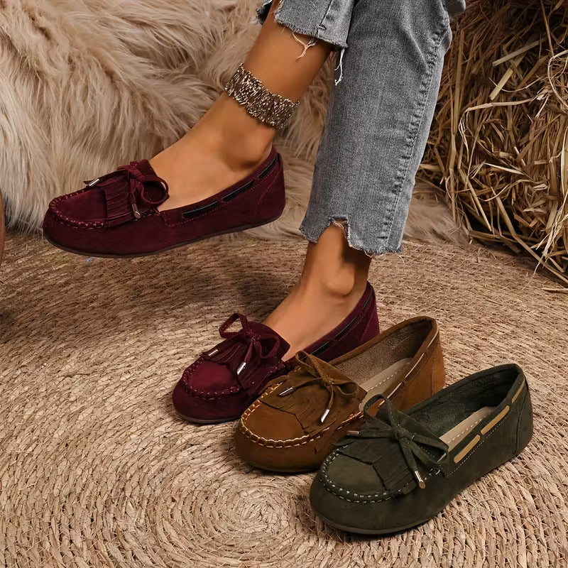 Zapatos de Casa Cómodos para Mujeres con Moño de Flecos Estilo Mocasín Sin Cordones