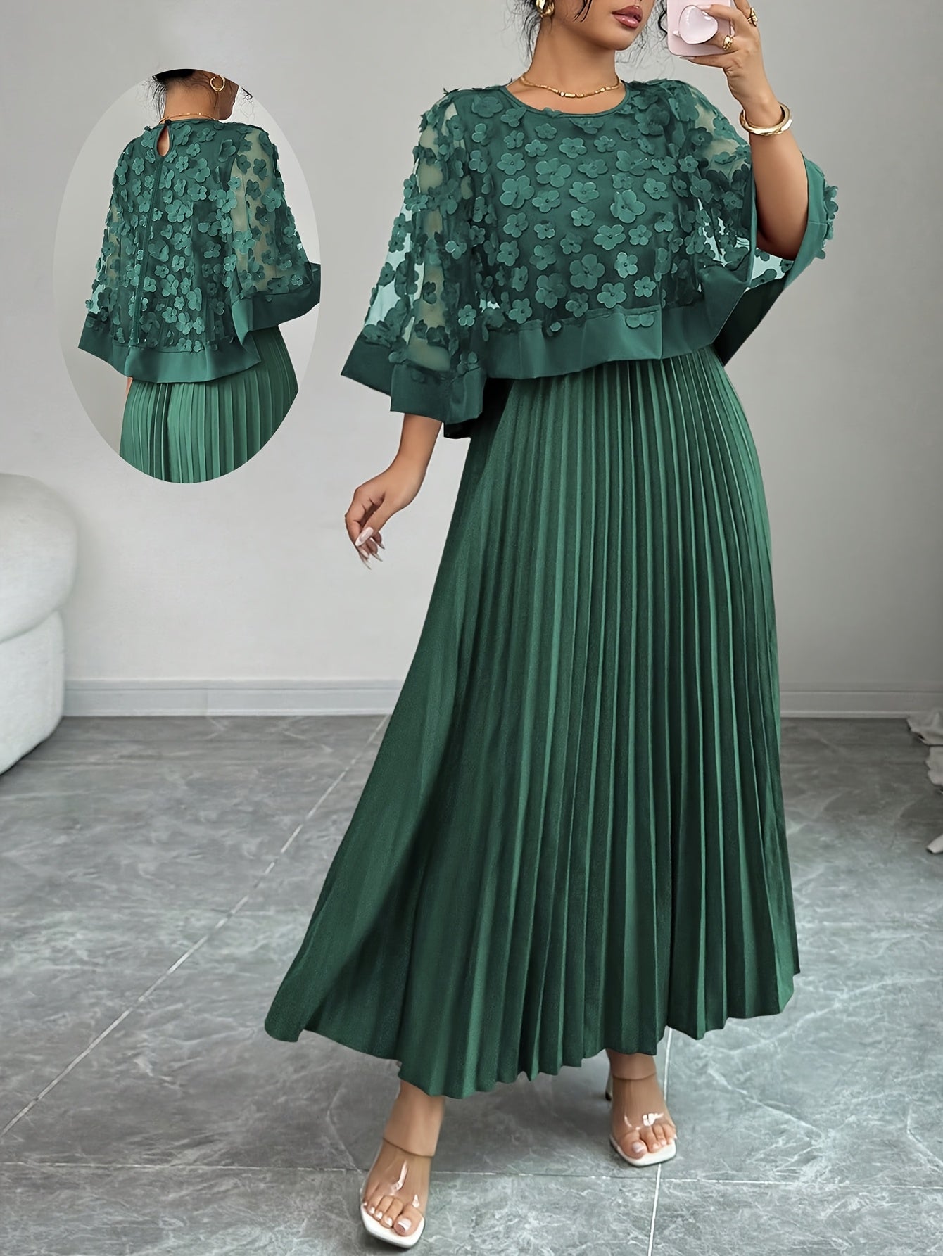 Elegante Vestido Largo Plisado Floral para Mujeres con Cuello Redondo y Manga Capa con Apliques, Estilo Formal para Invitadas de Boda