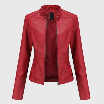 Chaqueta de Moto de Cuero Sintético Elegante para Mujeres con Cuello Alto, Manga Larga y Estilo Ajustado