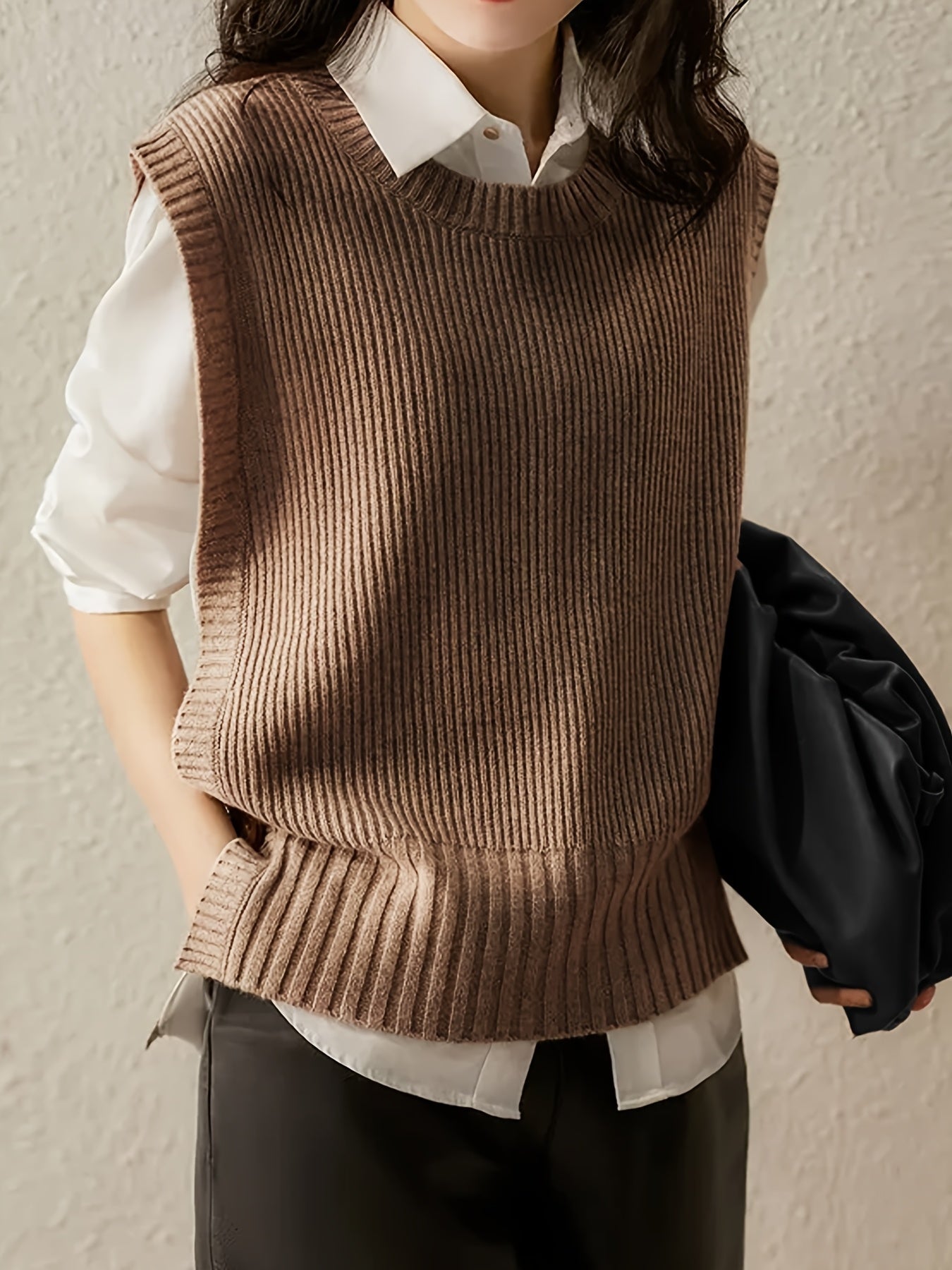 Chaleco de Suéter Acanalado Cómodo para Mujeres con Cuello Redondo Sin Mangas Estilo Oversized