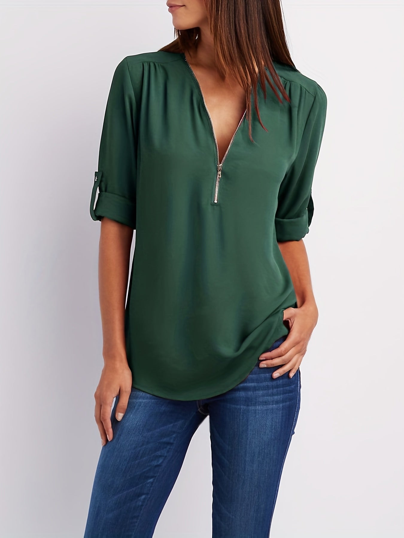 Blusa Frontal con Cremallera Sin Esfuerzo para Mujeres con Cuello en V y Manga con Tabulador, Estilo Túnica Relajada