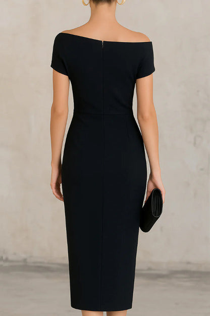 Vestido Midi Elegante Drapado para Mujeres con Escote Asimétrico, Manga Corta y Estilo de Cóctel con Fruncido