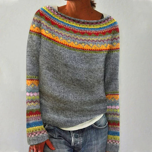 Suéter de punto cómodo y estampado para mujeres con cuello barco, manga larga y estilo relajado y oversize