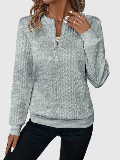 Sudadera de punto trenzado cómoda para mujeres con cuello de triplete y manga larga, estilo relajado y oversize