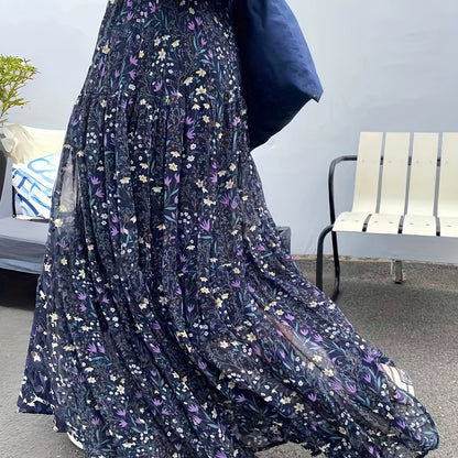 Elegante Falda Maxi Floral Azul para Mujeres con Cintura Fruncida y Volantes en Estilo Bohemio