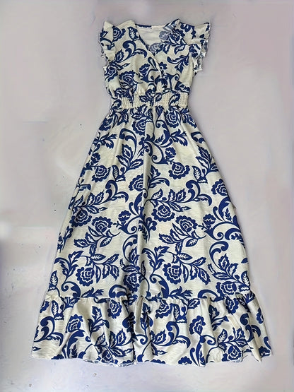 Vestido Maxi Envolvente Sin Esfuerzo para Mujeres con Escote en V, Mangas de Volante, Cintura Fruncida y Dobladillo con Volantes