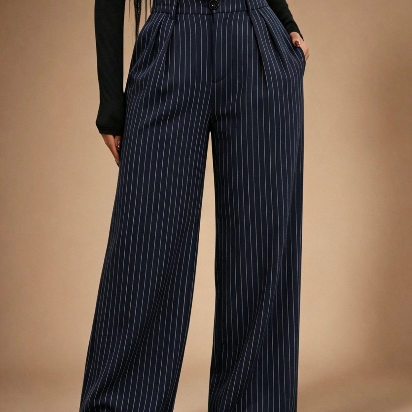 Pantalones Anchos de Rayas en Azul Marino Elegantes para Mujeres con Cintura Alta y Estilo Ajustado