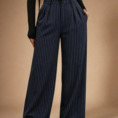 Pantalones Anchos de Rayas en Azul Marino Elegantes para Mujeres con Cintura Alta y Estilo Ajustado