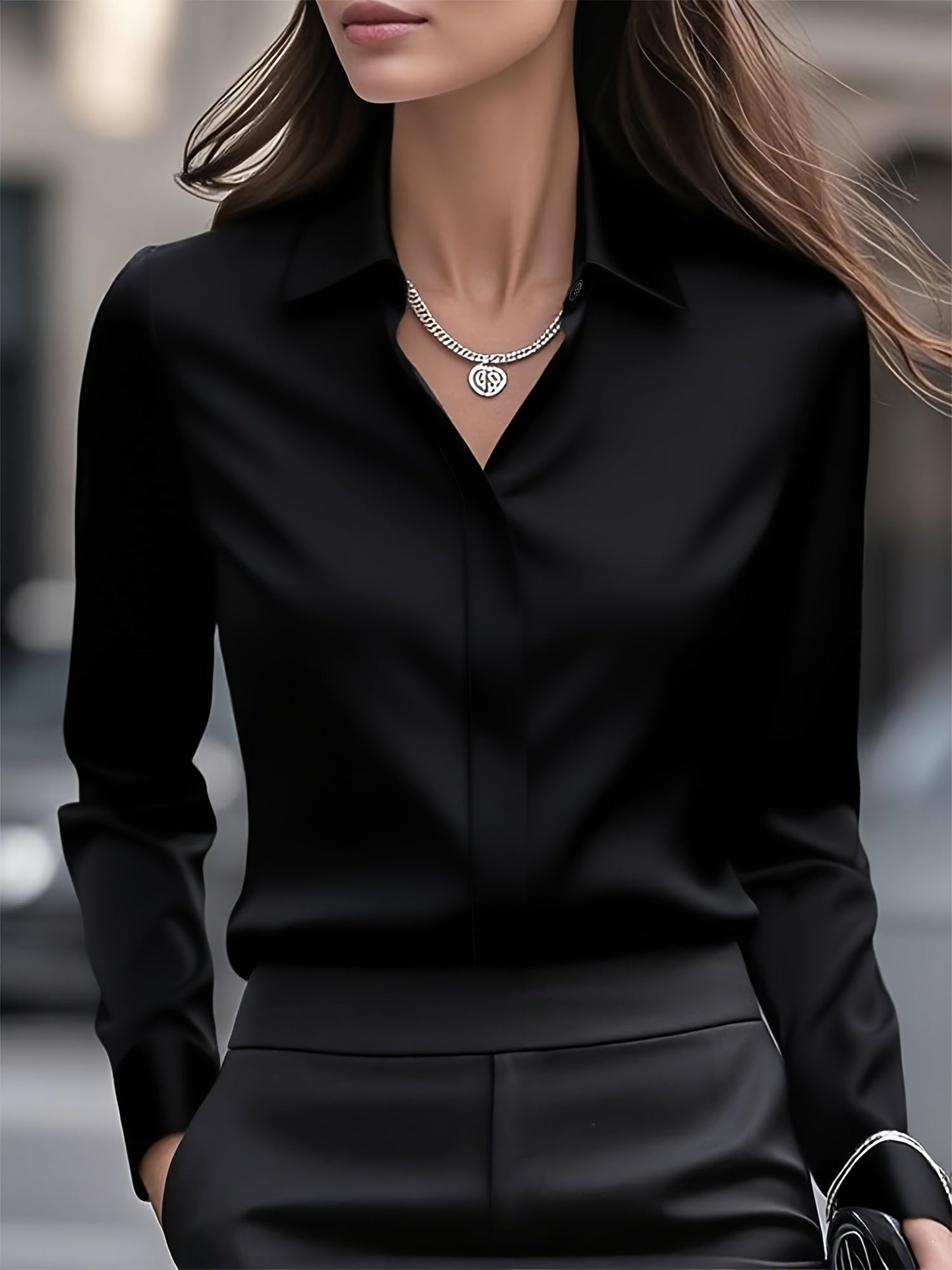 Blusa de Satén Elegante para Mujeres con Cuello, Manga Larga, Botón Frontal y Estilo Relajado